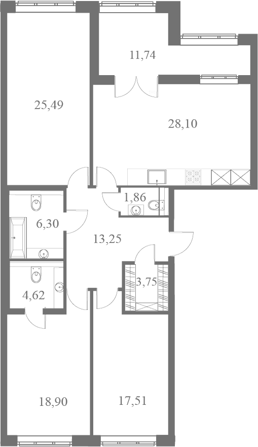 План квартиры №15 с 3 спальнями на 5 этаже 1 корпуса ЖК Familia
