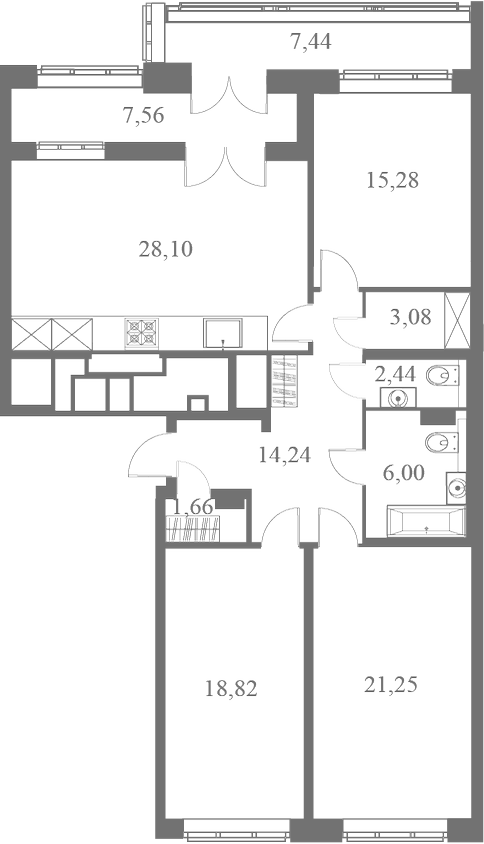 План квартиры №20 с 3 спальнями на 7 этаже 1 корпуса ЖК Familia