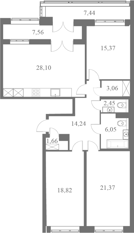 План квартиры №47 с 3 спальнями на 7 этаже 1 корпуса ЖК Familia