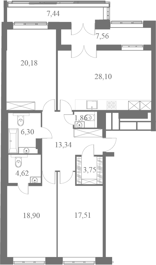 План квартиры №50 с 3 спальнями на 7 этаже 1 корпуса ЖК Familia