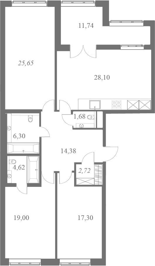 План квартиры №63 с 3 спальнями на 3 этаже 1 корпуса ЖК Familia