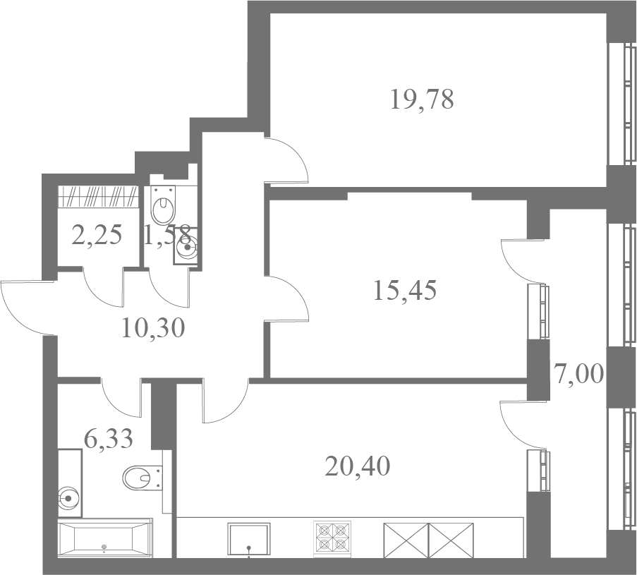 План квартиры №70 с 2 спальнями на 5 этаже 1 корпуса ЖК Familia