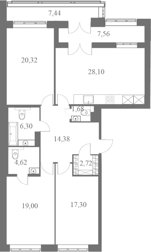 План квартиры №83 с 3 спальнями на 7 этаже 1 корпуса ЖК Familia