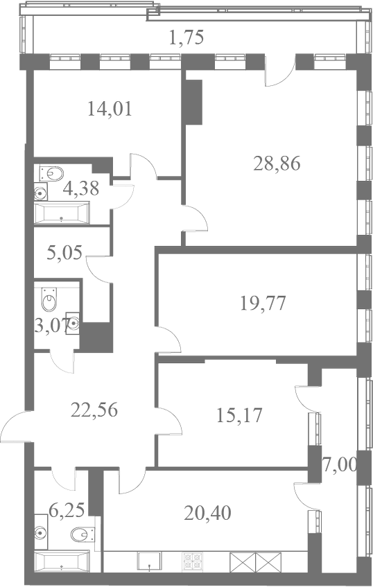 План квартиры №84 с 4 спальнями на 8 этаже 1 корпуса ЖК Familia