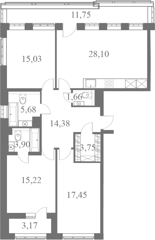 План квартиры №87 с 3 спальнями на 8 этаже 1 корпуса ЖК Familia
