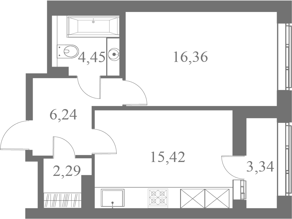План квартиры №105 с 1 спальней на 5 этаже 1 корпуса ЖК Familia