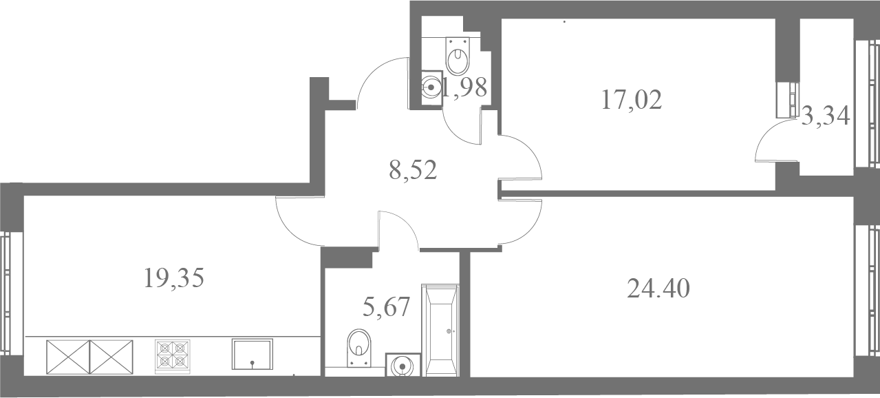 План квартиры №111 с 2 спальнями на 6 этаже 1 корпуса ЖК Familia