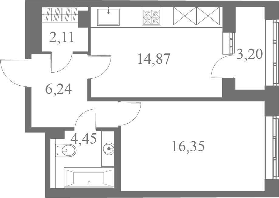 План квартиры №119 с 1 спальней на 8 этаже 1 корпуса ЖК Familia