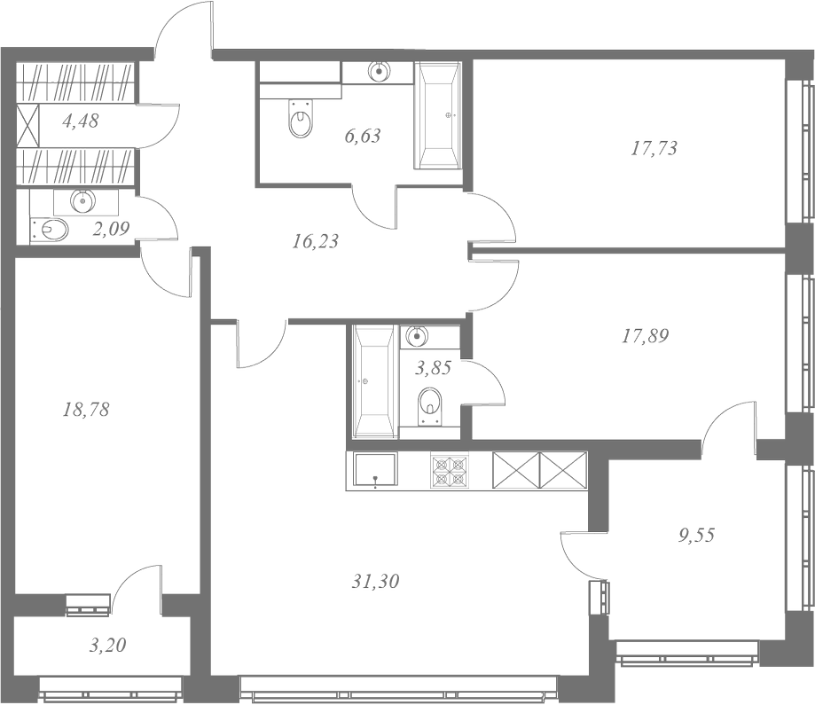 План квартиры №123 с 3 спальнями на 2 этаже 1 корпуса ЖК Familia