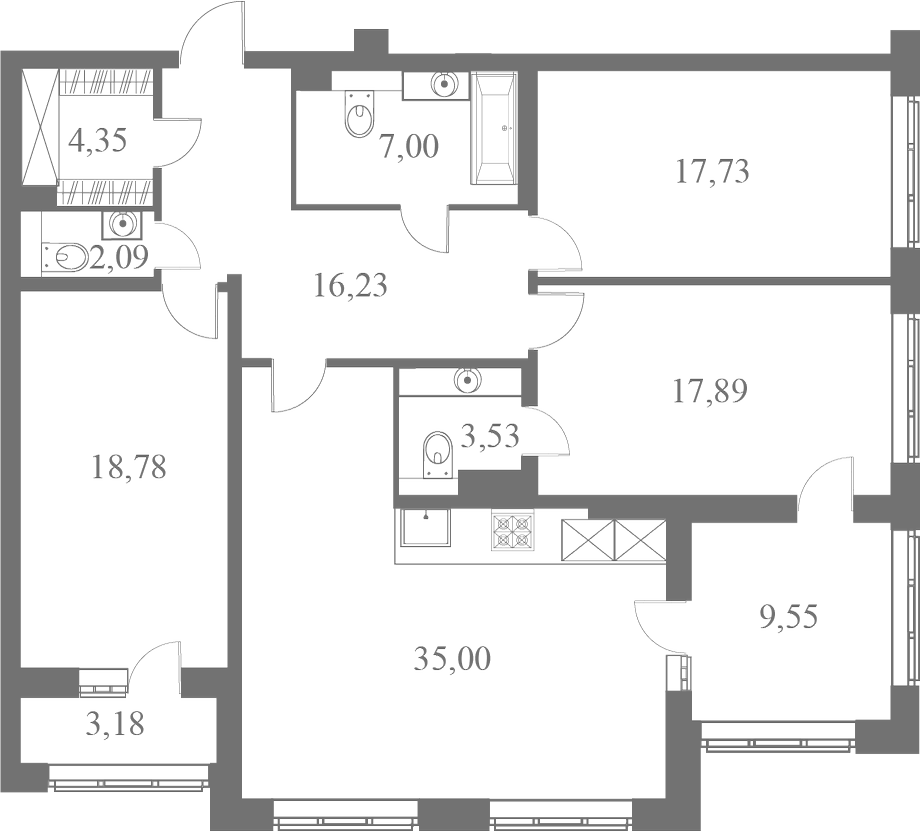 План квартиры №127 с 3 спальнями на 3 этаже 1 корпуса ЖК Familia