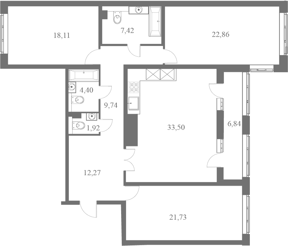 План квартиры №134 с 3 спальнями на 5 этаже 1 корпуса ЖК Familia