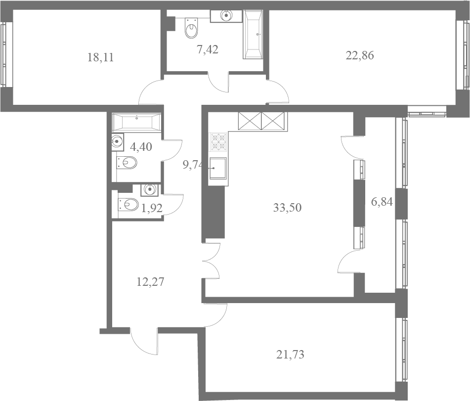 План квартиры №138 с 3 спальнями на 6 этаже 1 корпуса ЖК Familia