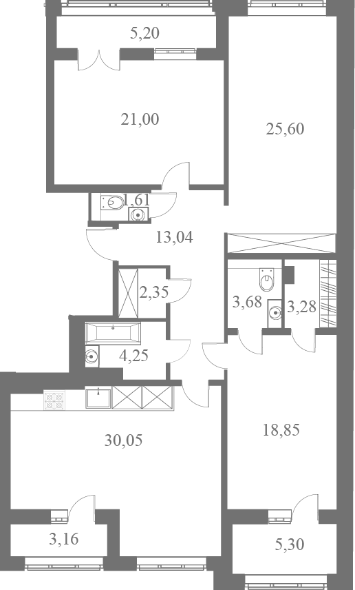 План квартиры №156 с 3 спальнями на 6 этаже 1 корпуса ЖК Familia