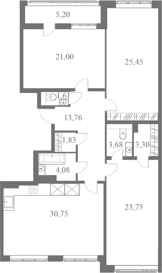 План квартиры №158 с 3 спальнями на 7 этаже 1 корпуса ЖК Familia