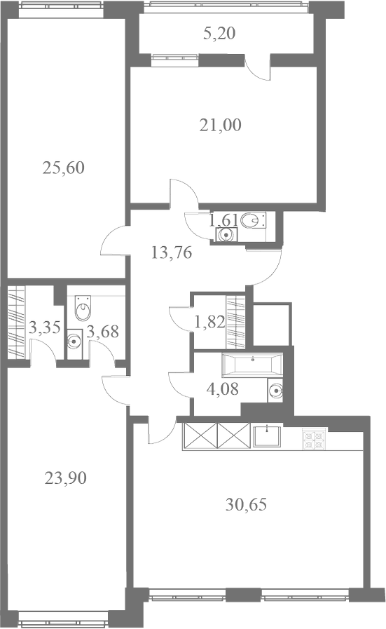 План квартиры №161 с 3 спальнями на 8 этаже 1 корпуса ЖК Familia