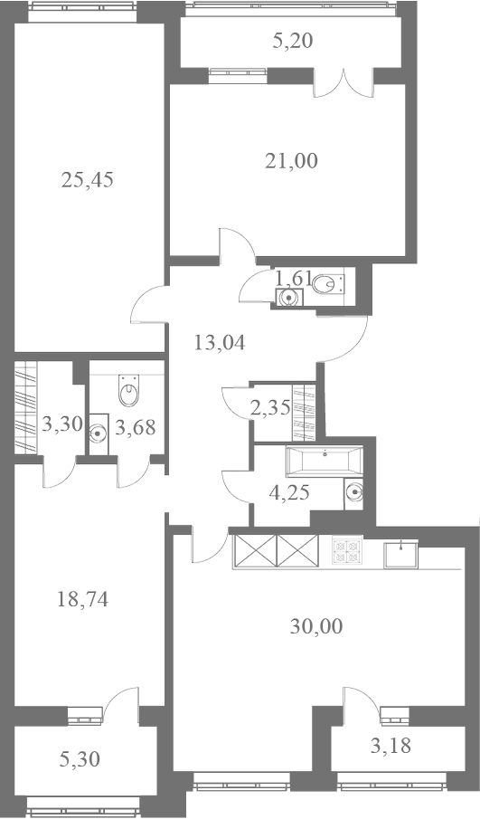 План квартиры №169 с 3 спальнями на 5 этаже 1 корпуса ЖК Familia