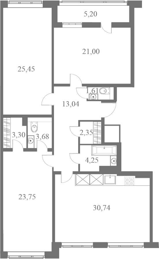 План квартиры №173 с 3 спальнями на 7 этаже 1 корпуса ЖК Familia