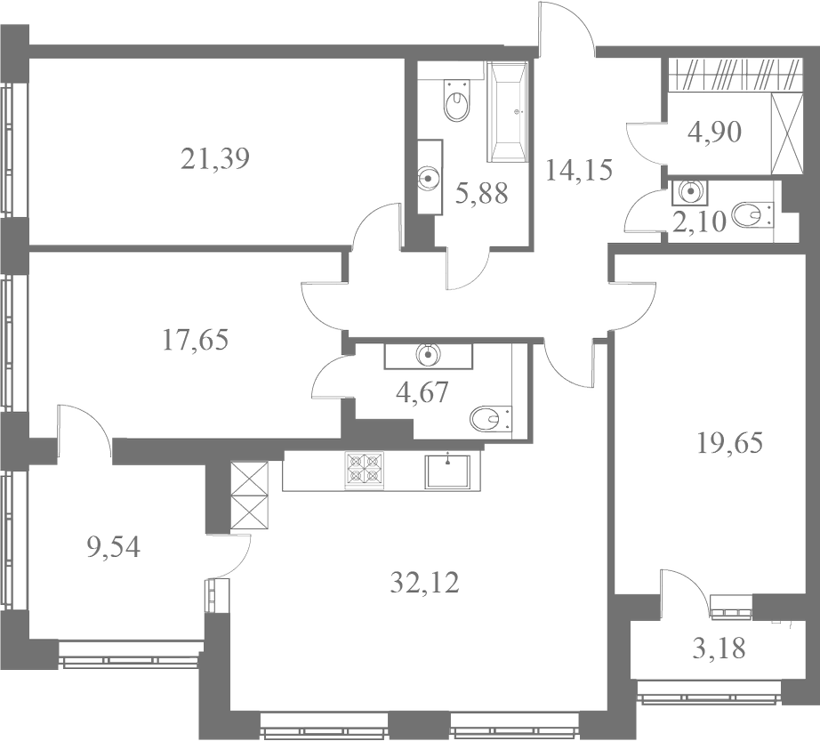 План квартиры №187 с 3 спальнями на 4 этаже 1 корпуса ЖК Familia