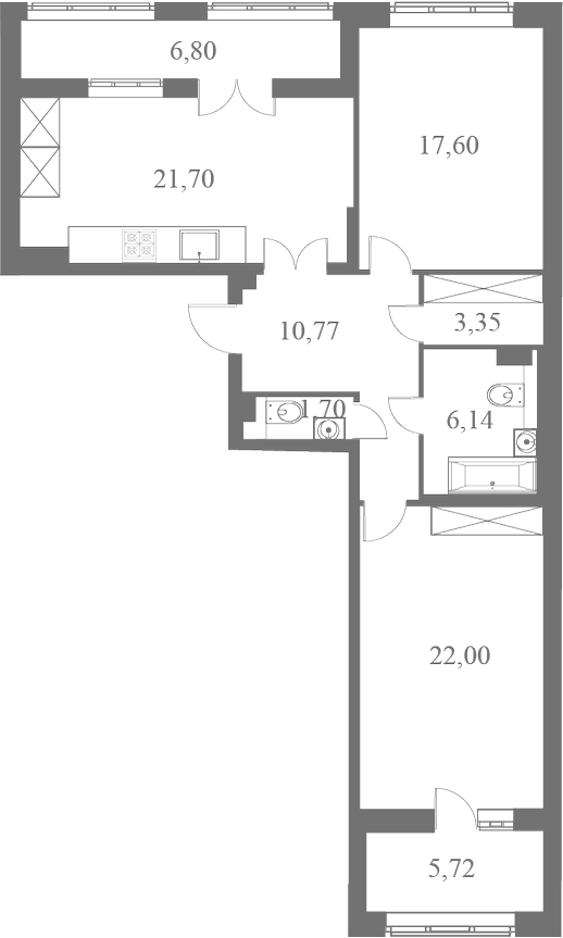 План квартиры №190 с 2 спальнями на 5 этаже 1 корпуса ЖК Familia