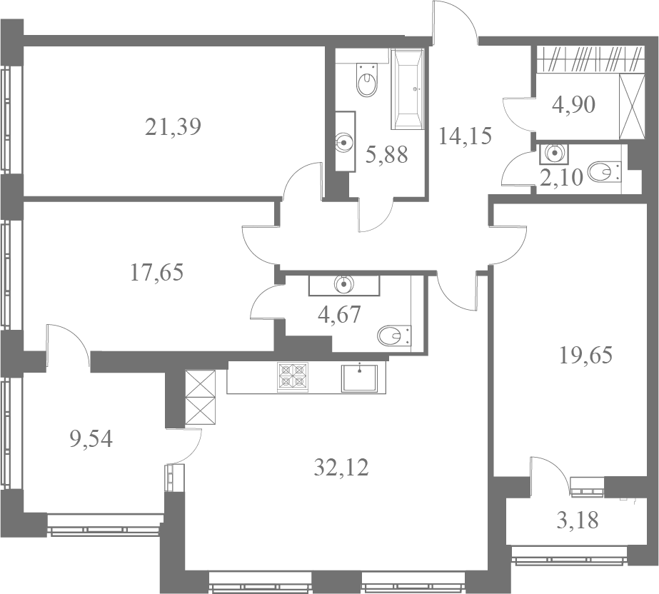 План квартиры №192 с 3 спальнями на 5 этаже 1 корпуса ЖК Familia