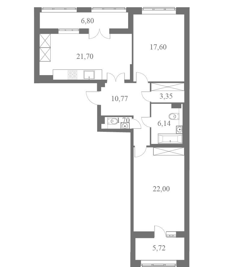 План квартиры №195 с 2 спальнями на 6 этаже 1 корпуса ЖК Familia
