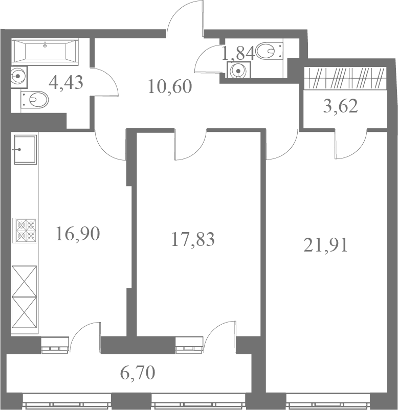 План квартиры №196 с 2 спальнями на 6 этаже 1 корпуса ЖК Familia