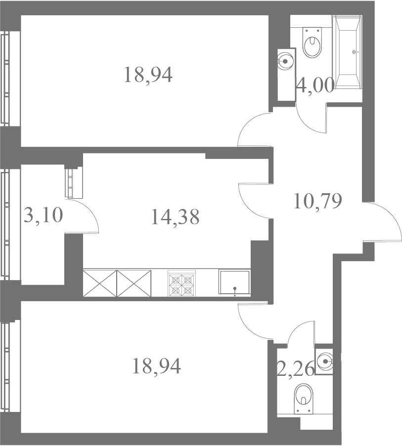 План квартиры №215 с 2 спальнями на 4 этаже 1 корпуса ЖК Familia