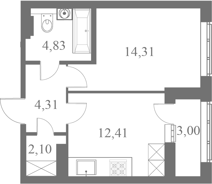План квартиры №217 с 1 спальней на 4 этаже 1 корпуса ЖК Familia