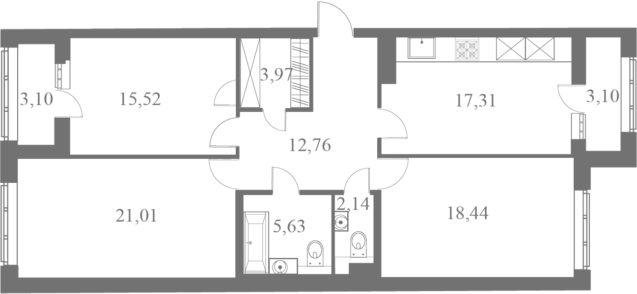 План квартиры №226 с 3 спальнями на 7 этаже 1 корпуса ЖК Familia