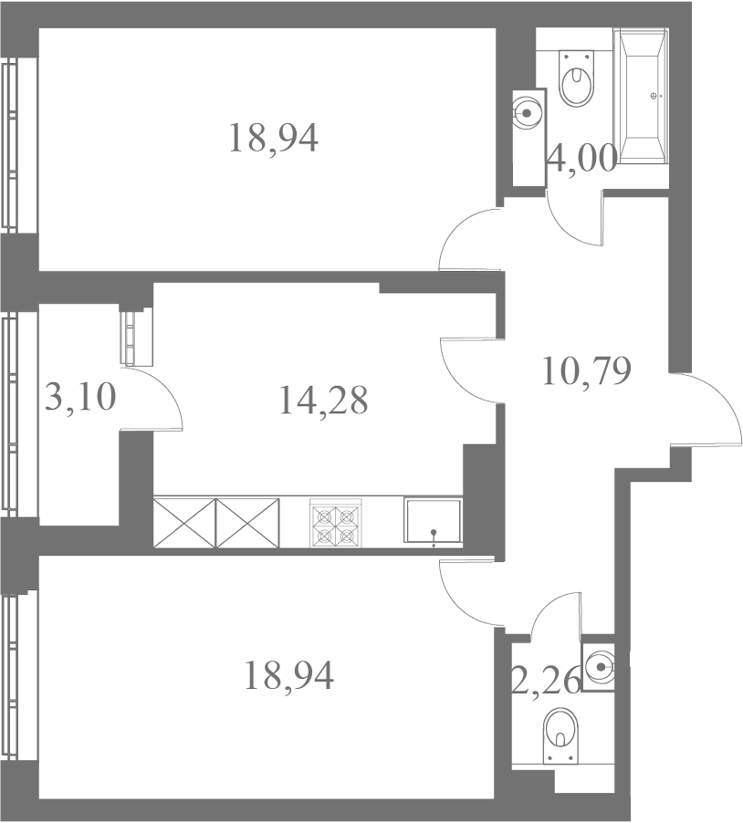 План квартиры №231 с 2 спальнями на 8 этаже 1 корпуса ЖК Familia