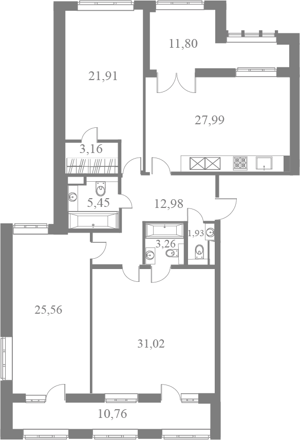 План квартиры №18 с 3 спальнями на 6 этаже 2 корпуса ЖК Familia