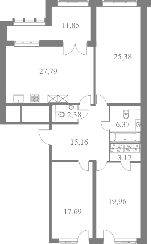 План квартиры №3 с 3 спальнями на 3 этаже 2 корпуса ЖК Familia