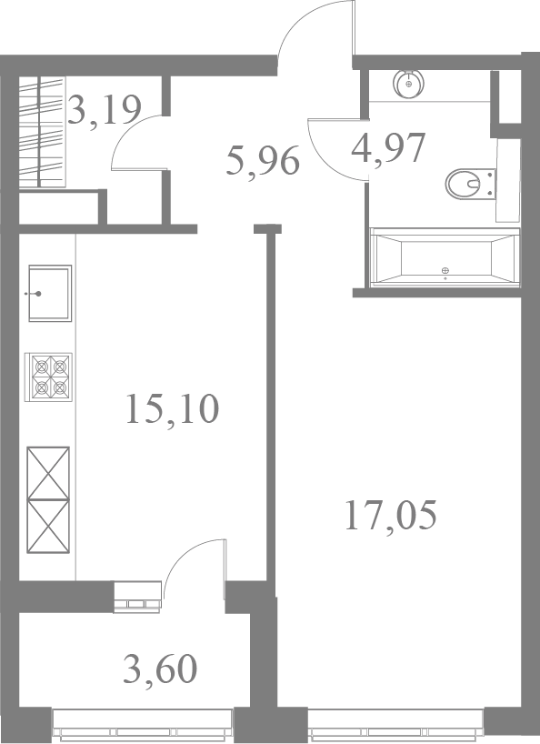 План квартиры №32 с 1 спальней на 4 этаже 2 корпуса ЖК Familia