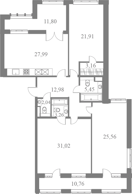 План квартиры №39 с 3 спальнями на 6 этаже 2 корпуса ЖК Familia