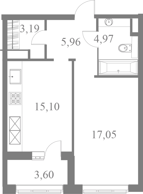 План квартиры №40 с 1 спальней на 6 этаже 2 корпуса ЖК Familia