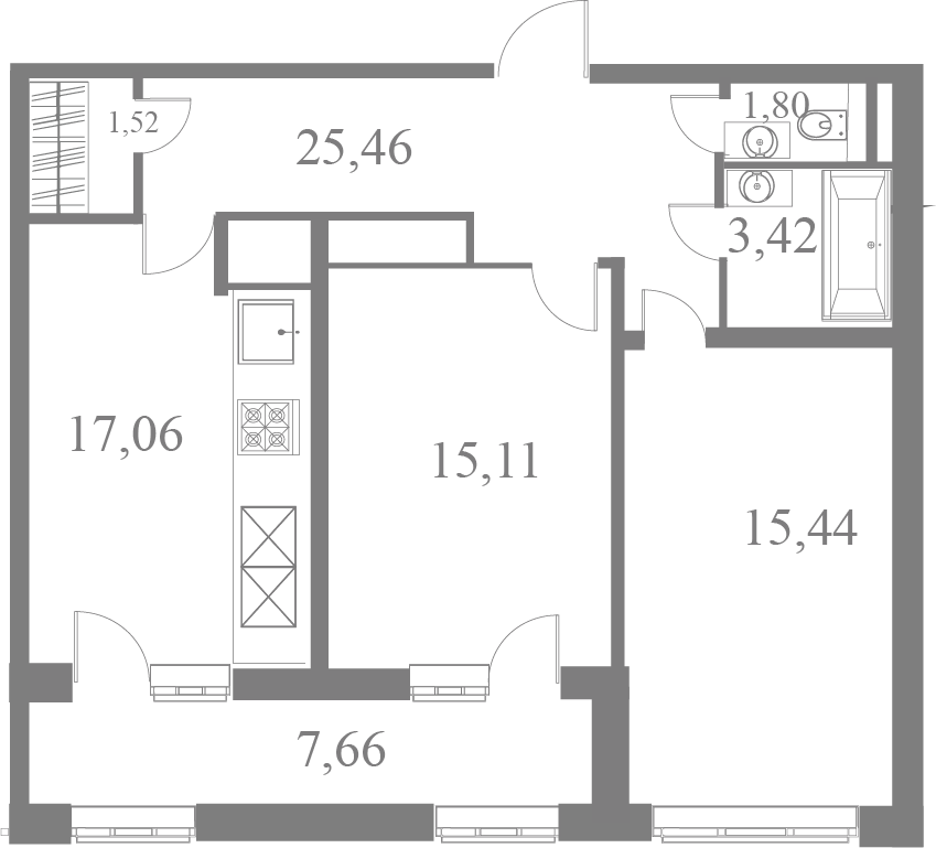 План квартиры №44 с 2 спальнями на 7 этаже 2 корпуса ЖК Familia