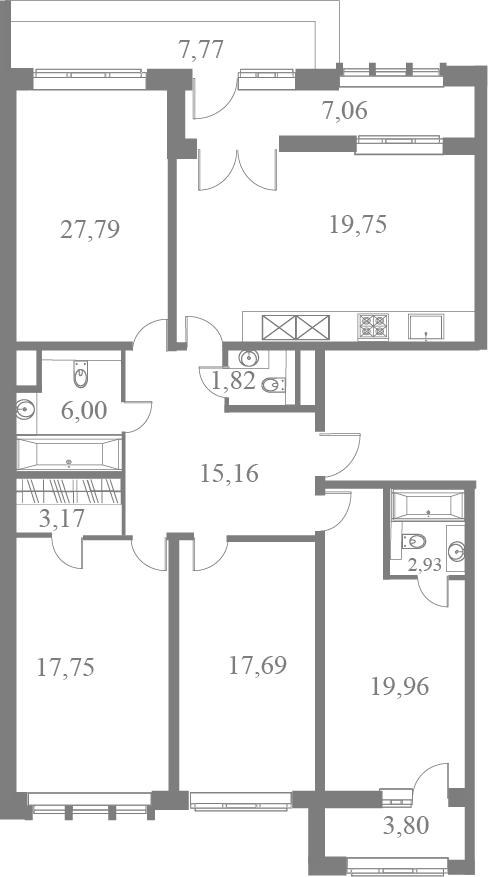 План квартиры №45 с 4 спальнями на 7 этаже 2 корпуса ЖК Familia