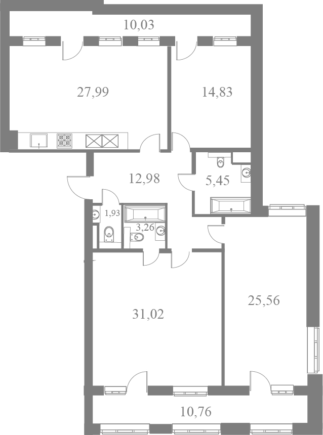 План квартиры №46 с 3 спальнями на 8 этаже 2 корпуса ЖК Familia