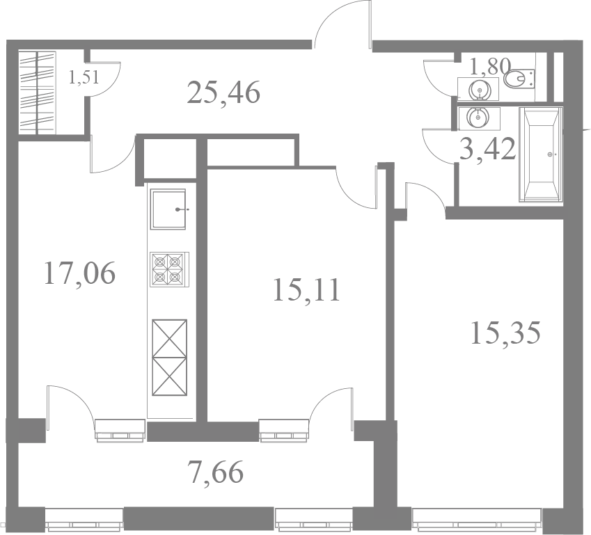 План квартиры №47 с 2 спальнями на 8 этаже 2 корпуса ЖК Familia