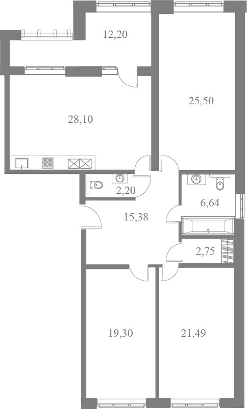План квартиры №1 с 3 спальнями на 2 этаже 3 корпуса ЖК Familia