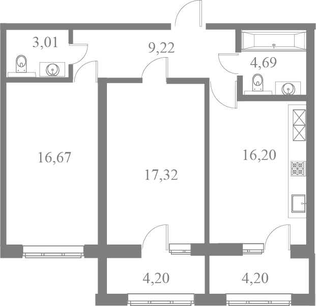 План квартиры №10 с 2 спальнями на 4 этаже 3 корпуса ЖК Familia