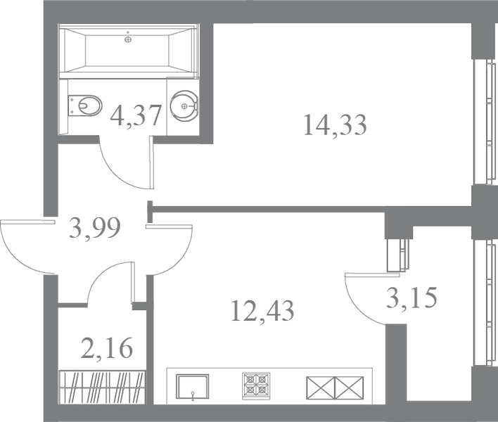 План квартиры №106 с 1 спальней на 4 этаже 3 корпуса ЖК Familia