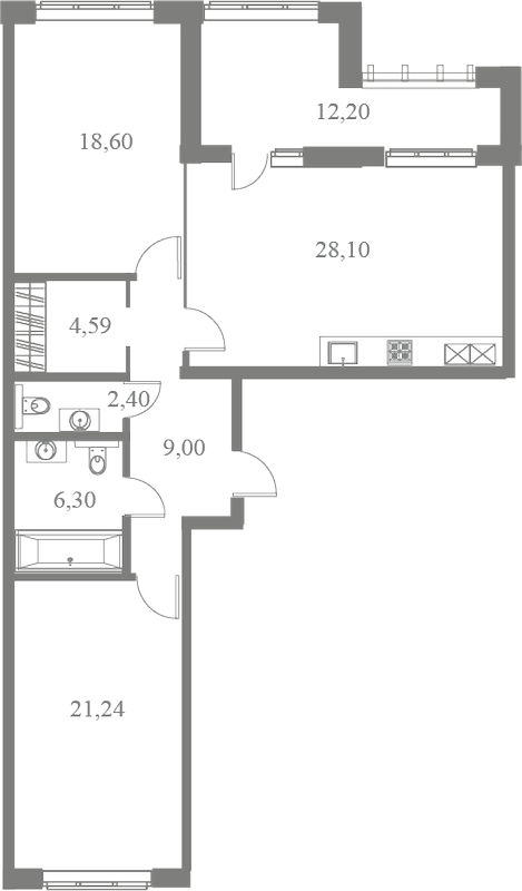 План квартиры №11 с 2 спальнями на 4 этаже 3 корпуса ЖК Familia