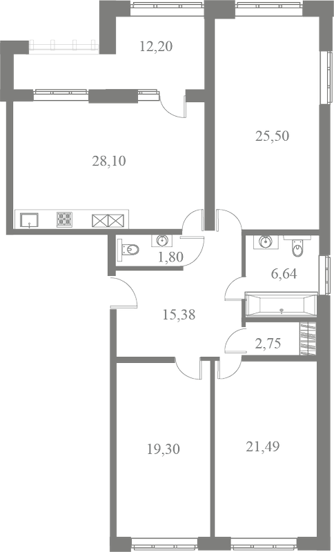 План квартиры №12 с 3 спальнями на 5 этаже 3 корпуса ЖК Familia
