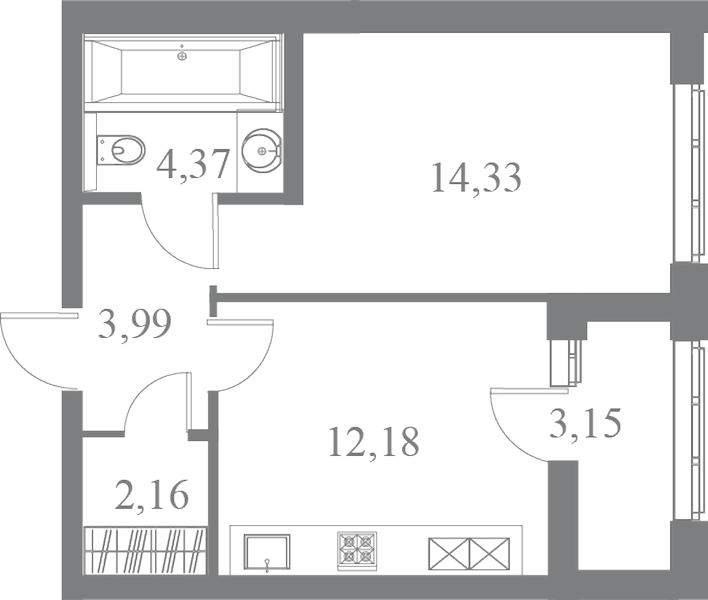 План квартиры №124 с 1 спальней на 7 этаже 3 корпуса ЖК Familia