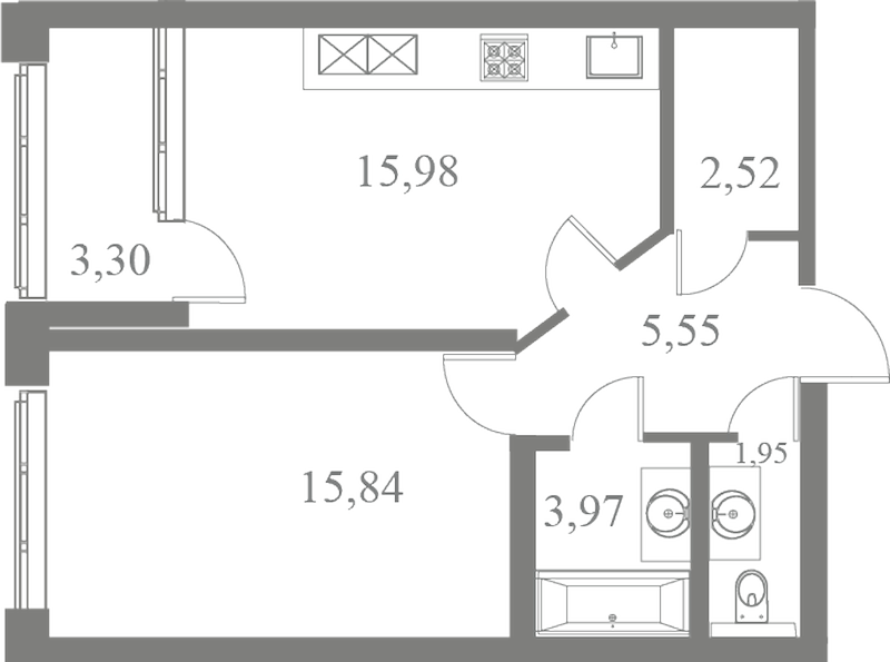 План квартиры №136 с 1 спальней на 2 этаже 3 корпуса ЖК Familia