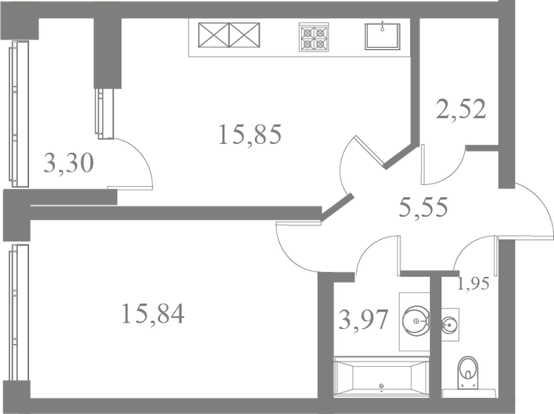 План квартиры №139 с 1 спальней на 3 этаже 3 корпуса ЖК Familia