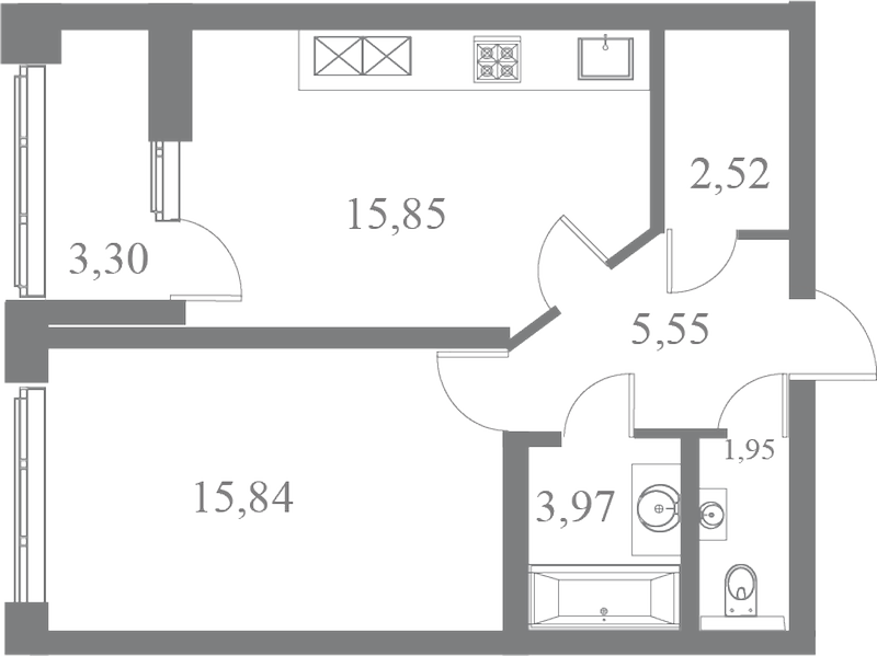 План квартиры №143 с 1 спальней на 4 этаже 3 корпуса ЖК Familia
