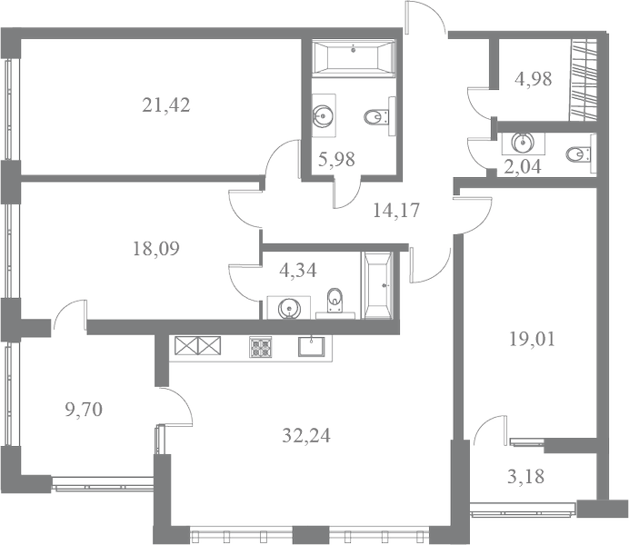 План квартиры №146 с 3 спальнями на 5 этаже 3 корпуса ЖК Familia