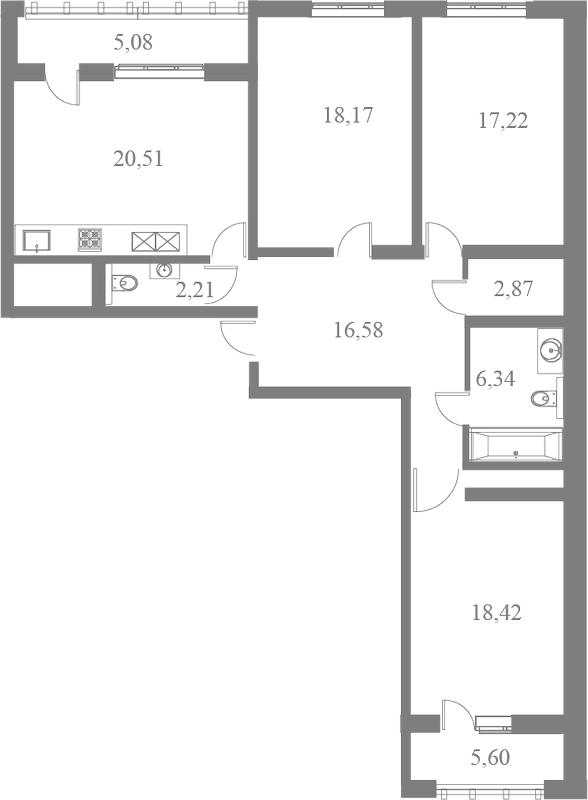 План квартиры №167 с 3 спальнями на 3 этаже 3 корпуса ЖК Familia